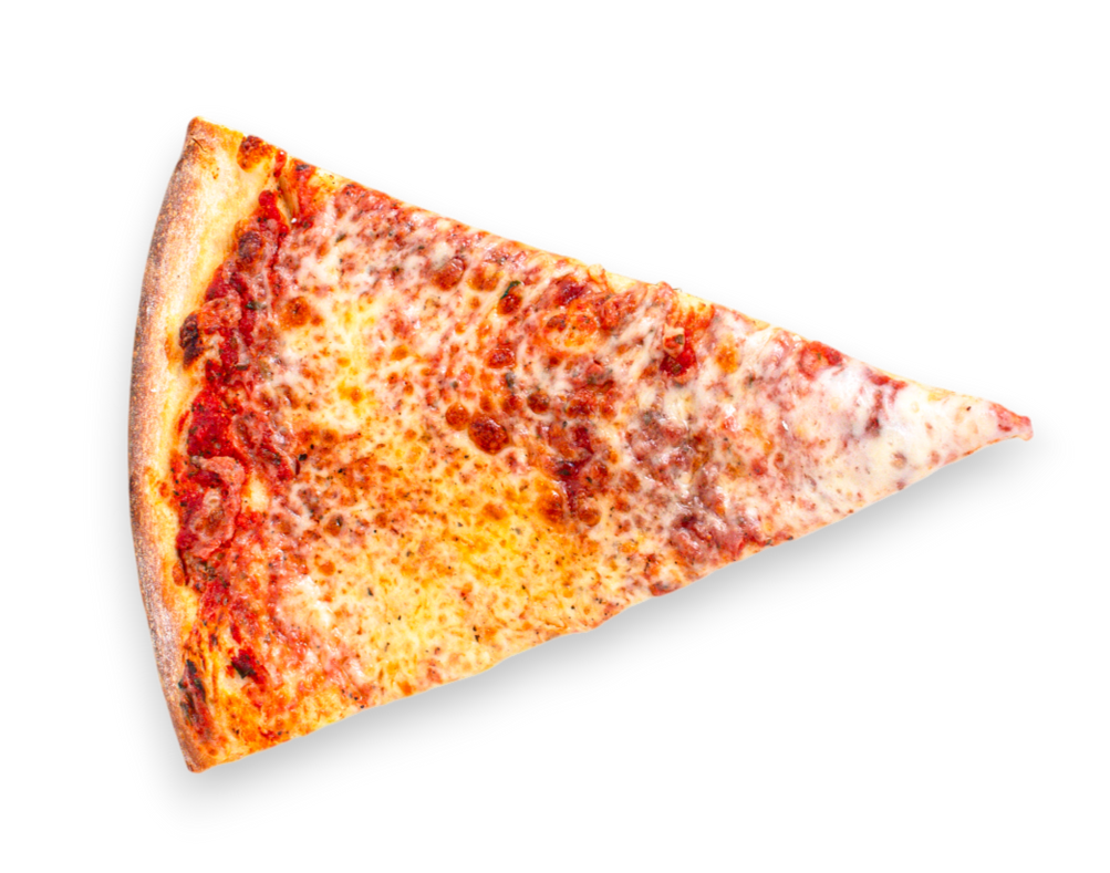 Slice of pizza with cheese, sauce, and crust on white background.