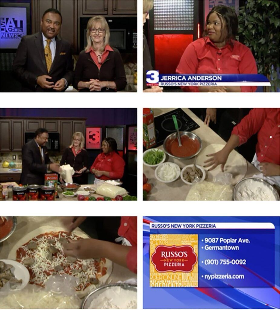 TV news report: Hosts, a pizza chef, and pizza ingredients, likely showcasing a local pizzeria. The chef is preparing a pizza, spreading sauce and adding toppings.