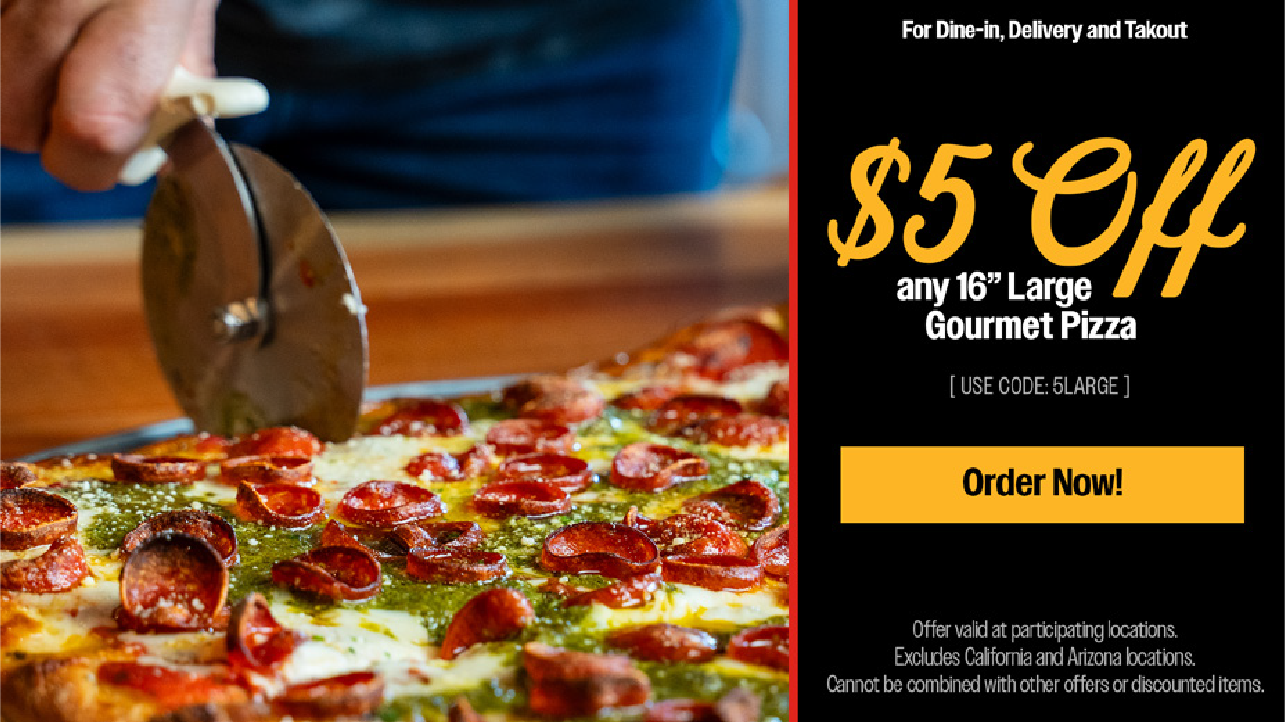 Large pizza with $5 off offer and Order Now button on black promo banner. Use code: 5LARGE