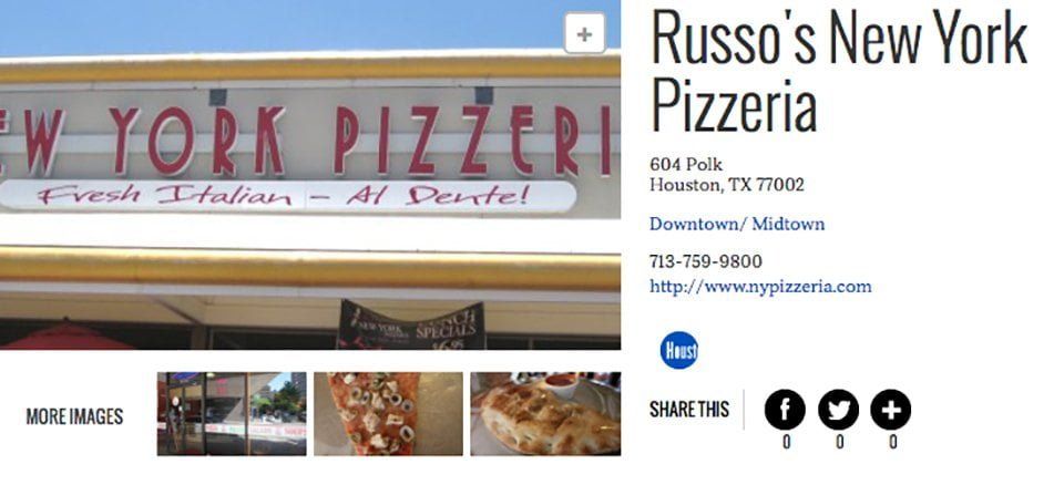 Russo's New York Pizzeria sign with text and a row of food images below. Contact and social media icons are also visible.