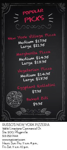 Menu board for Russo's New York Pizzeria displaying pizza options, prices, and hours of operation in Pflugerville, TX.