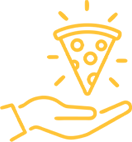 Hand holding glowing pizza slice.