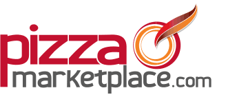 Logo for Pizza Marketplace, featuring red text and a circular graphic with orange and brown accents.