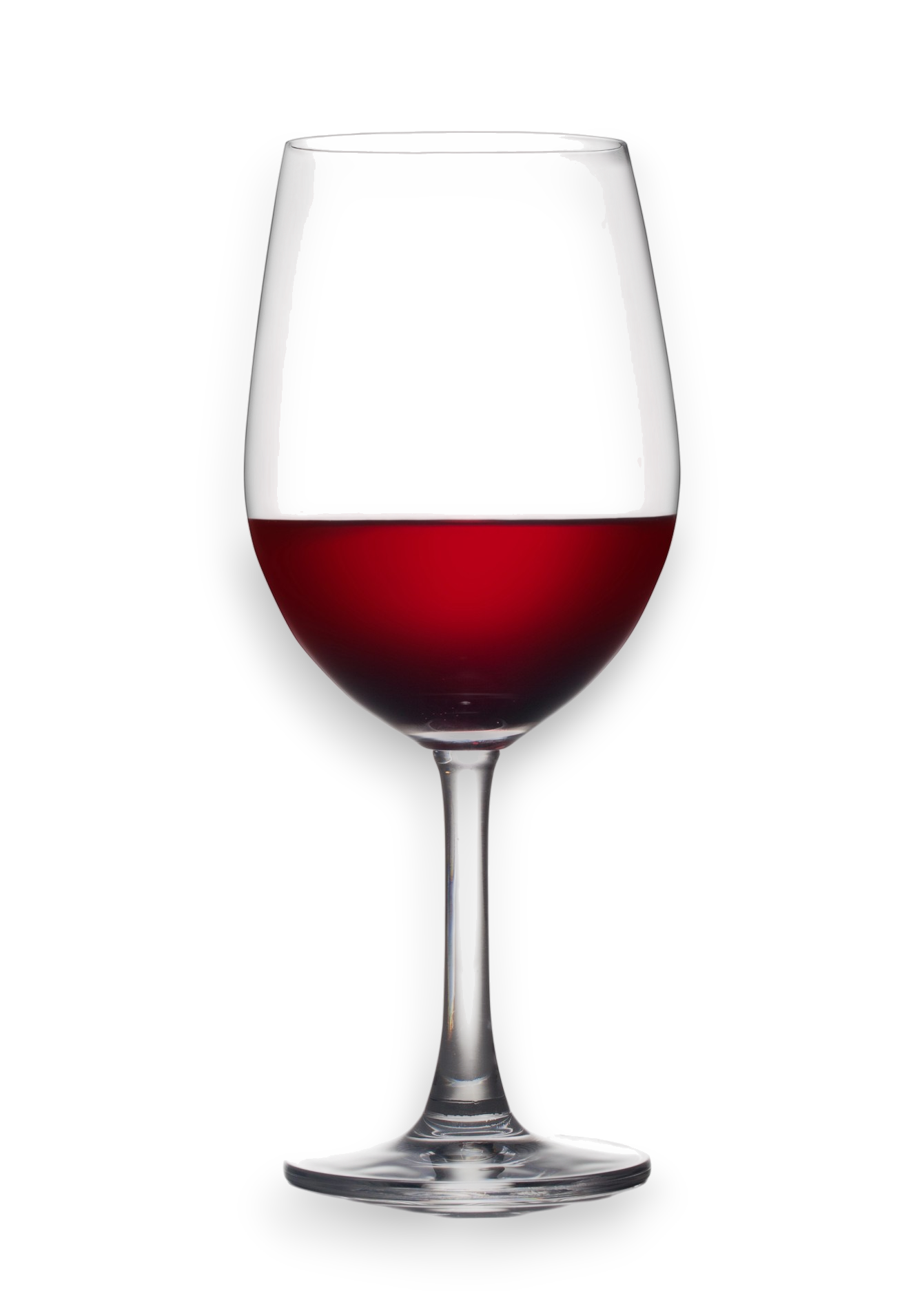 A wine glass filled halfway with deep red wine, centered against a plain white background.