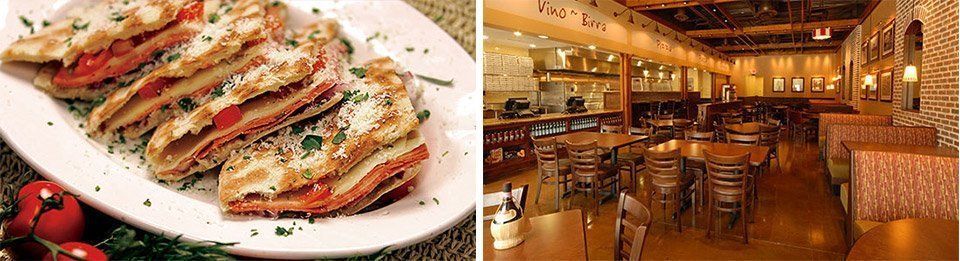 Sandwiches on a white plate next to a restaurant interior with tables and chairs.
