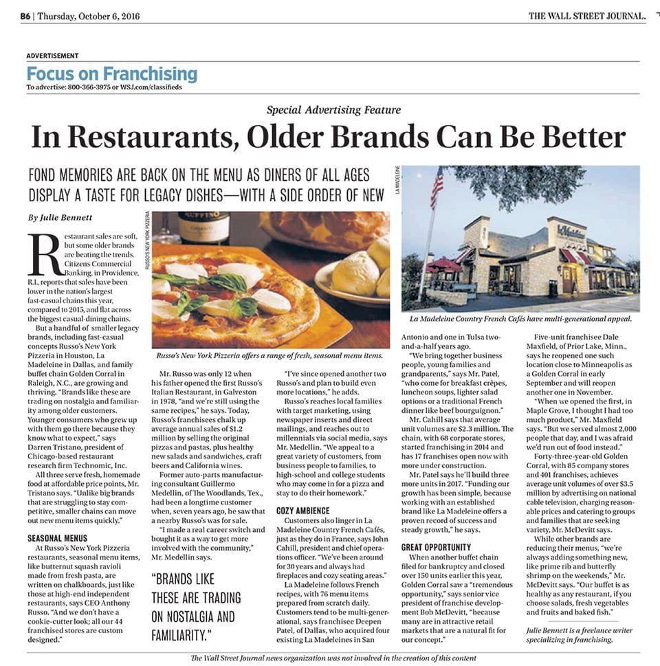 Article from the Wall Street Journal about older restaurant brands. Shows a pizza, a plate of food, and the exterior of a restaurant.