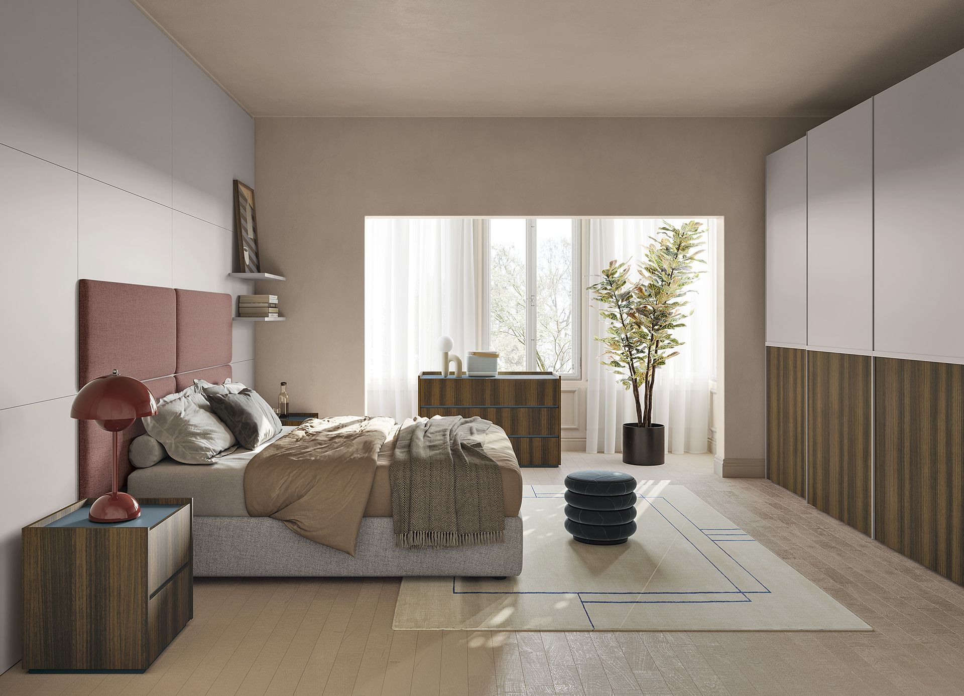 Una camera da letto con letto, comodino e cassettiera