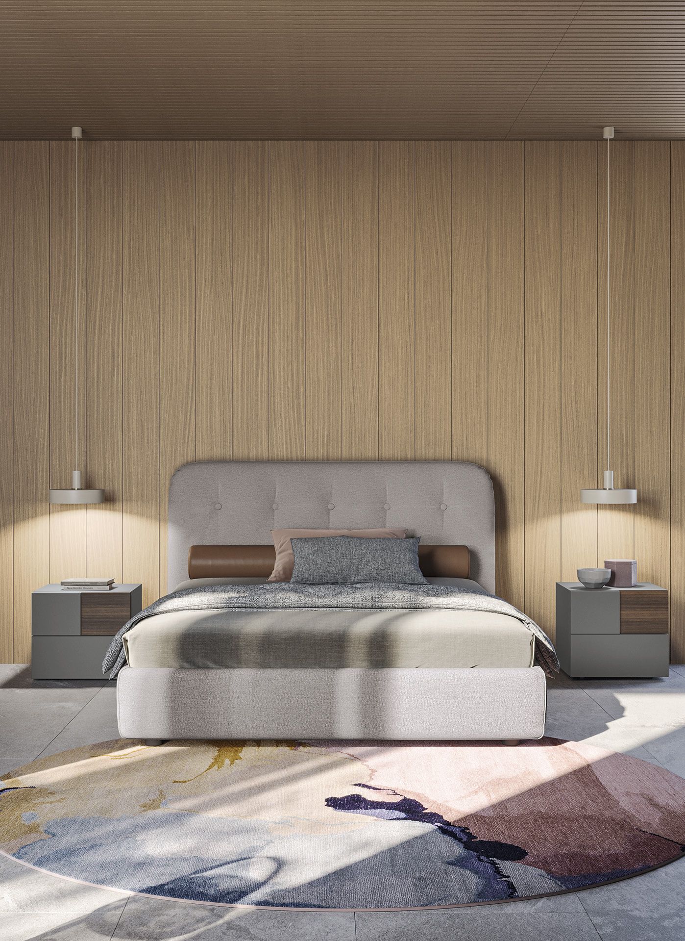 Una camera da letto con un letto, comodini e un tappeto.