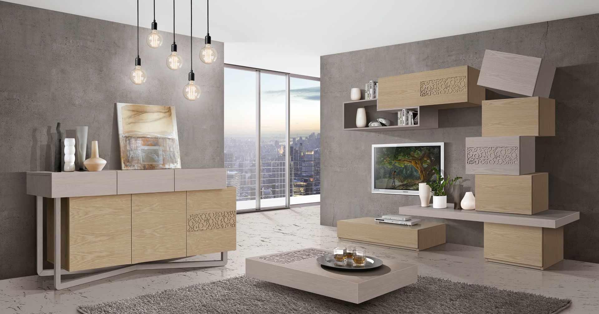 Un soggiorno pieno di mobili e un televisore.