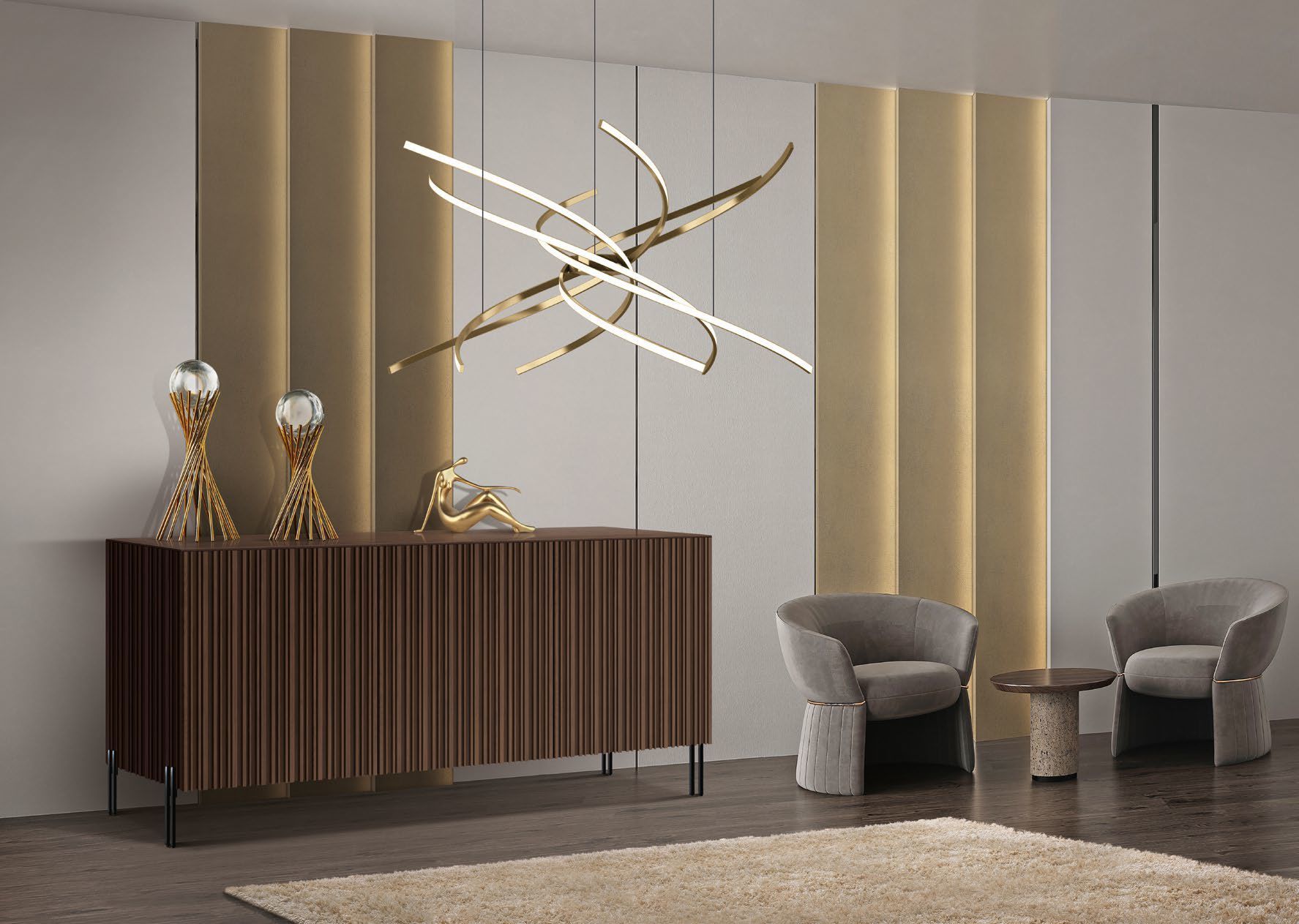 Un soggiorno con una cassettiera, sedie, un tappeto e un lampadario.