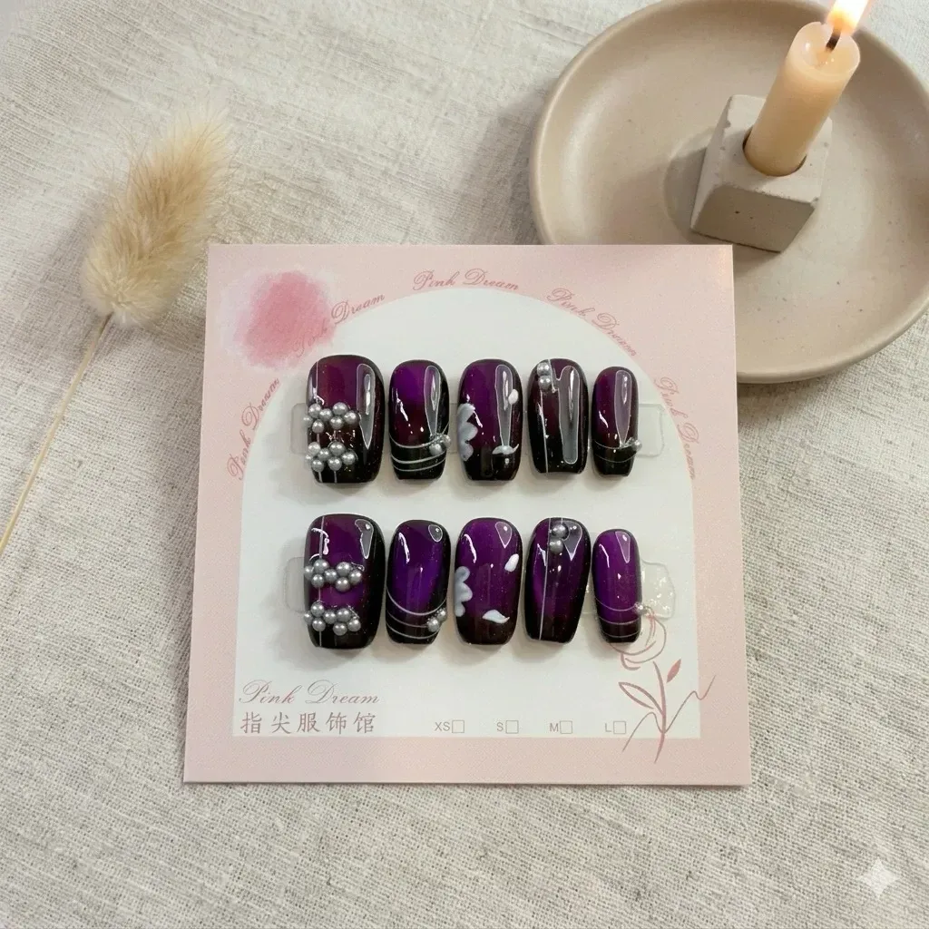 A29- 2公分新中方/華麗狂紫黑 原創設計手工穿戴甲/附贈工具包/附贈收納盒