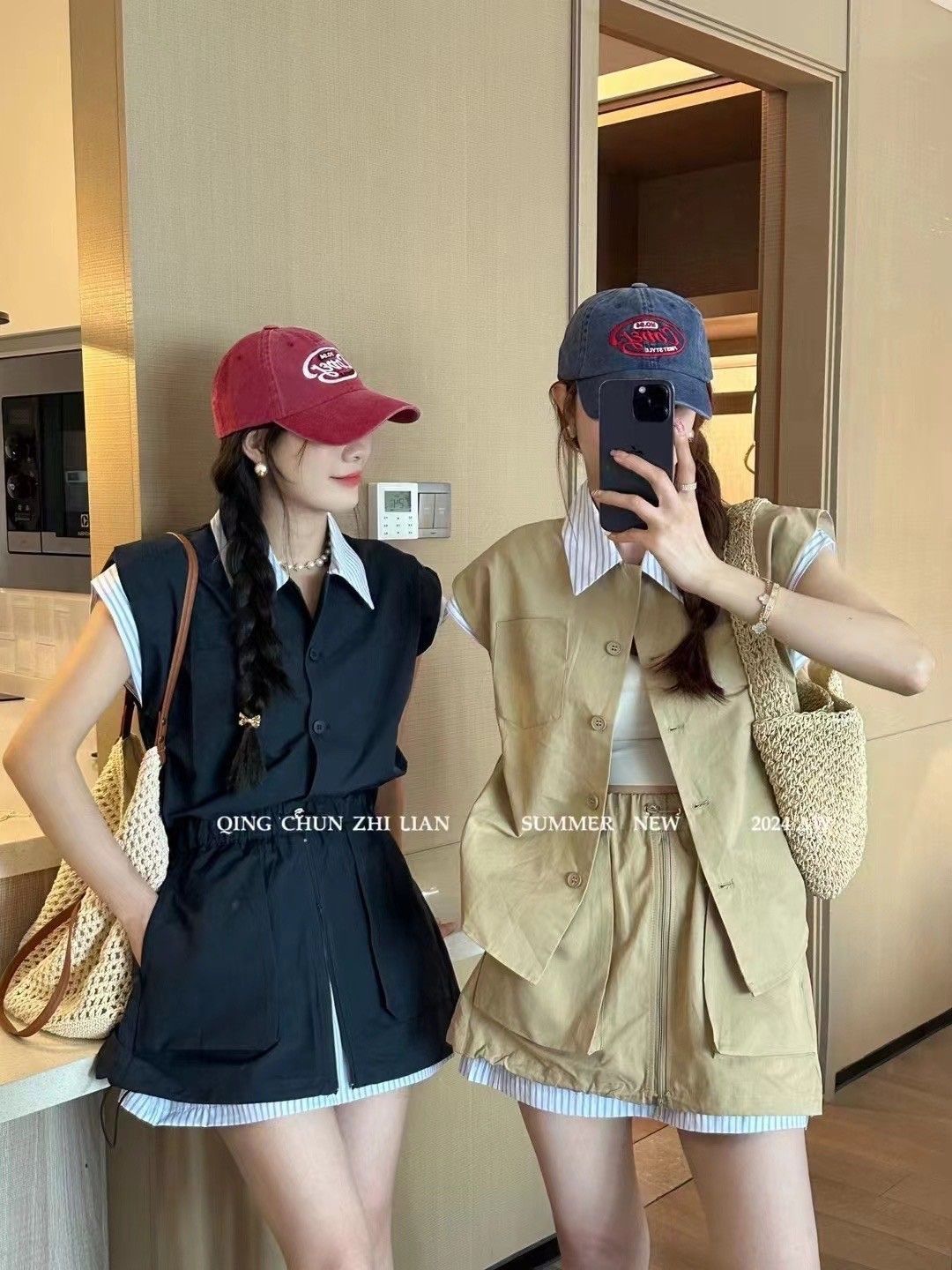 X現貨X一件免運X 韓系水水 拼接假兩件短裙套裝-2色