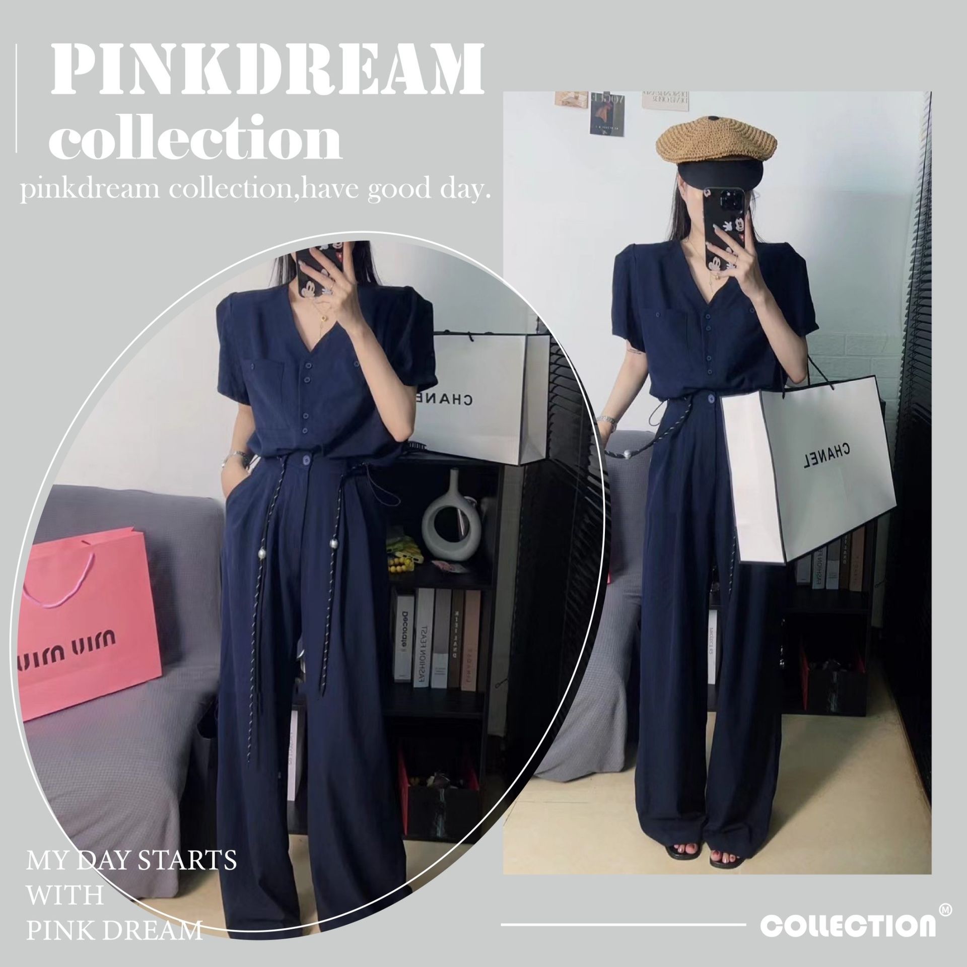 X現貨X一件免運X 質感休閒款 下擺抽繩上衣闊腿落地褲套裝