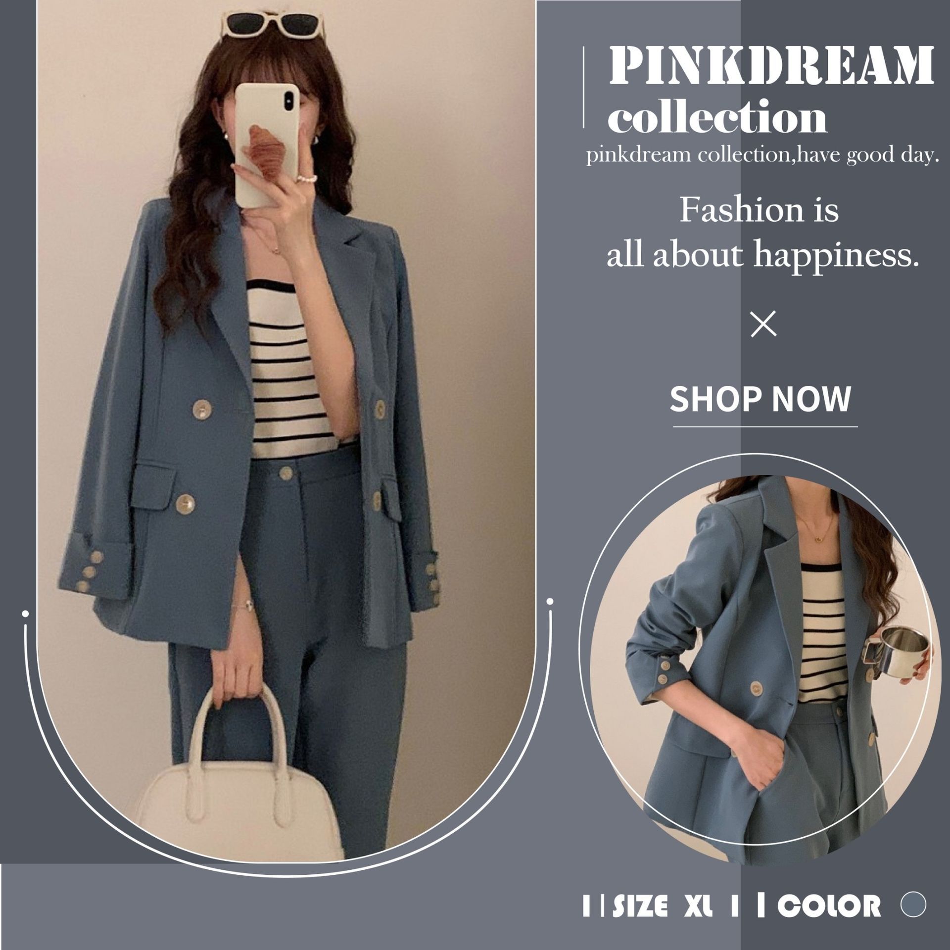 X現貨X一件免運X 高級特殊色 霧藍色九分褲西裝套裝