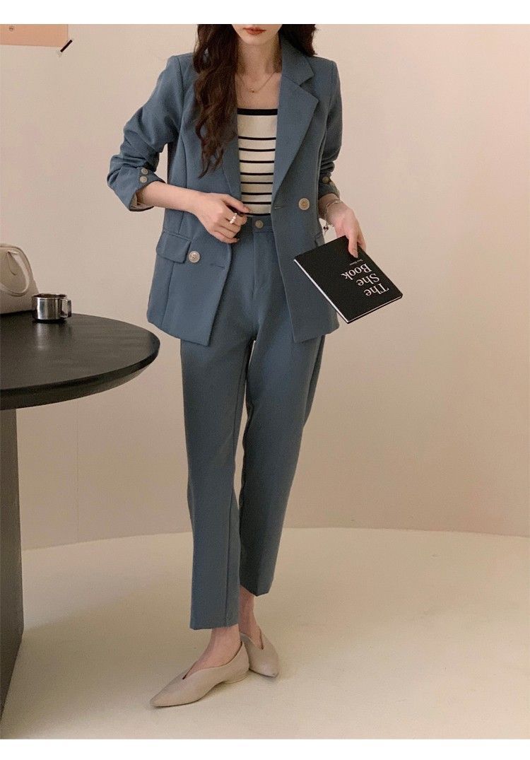 X現貨X一件免運X 高級特殊色 霧藍色九分褲西裝套裝