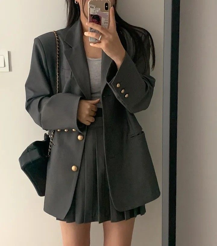 X現貨X一件免運X 質感少女感 單排扣設計西裝百褶裙套裝-3色