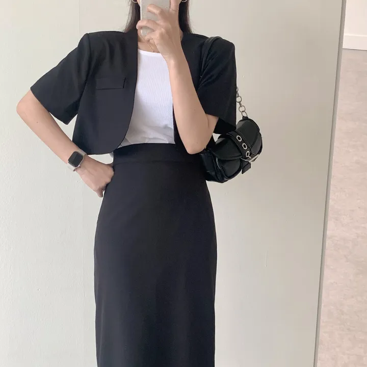 X現貨X一件免運X 簡約百搭款 短袖西裝外套高腰鬆緊長裙套裝-3色