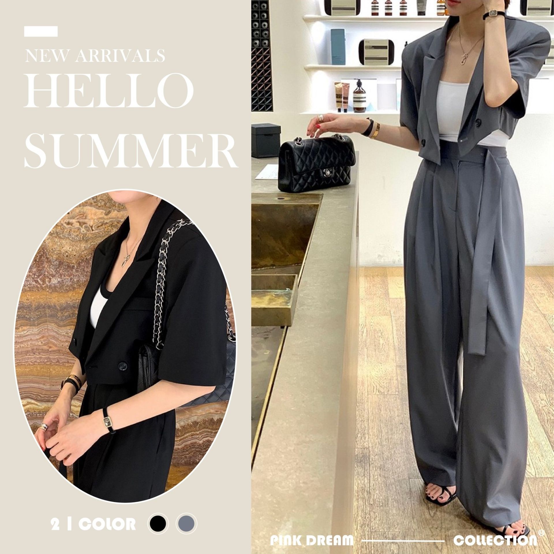 X現貨X一件免運X 簡約百搭款 短款西裝外套高腰闊腿長褲套裝-2色