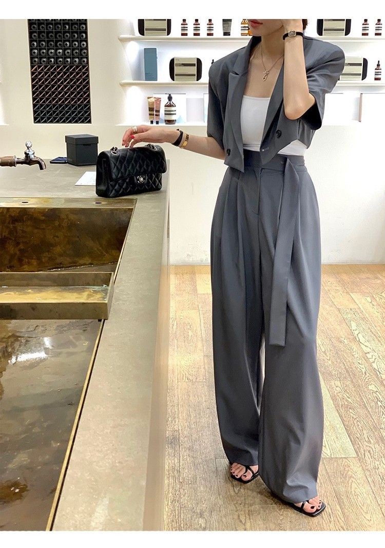 X現貨X一件免運X 簡約百搭款 短款西裝外套高腰闊腿長褲套裝-2色