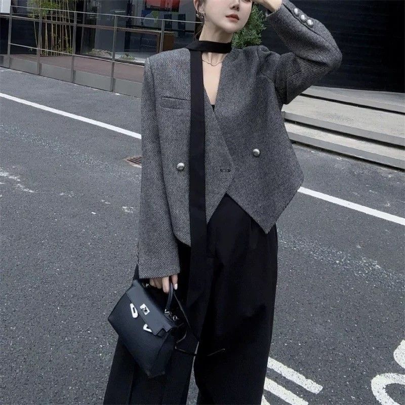 X現貨X一件免運X 韓系歐逆感 高級感飄帶短版西裝外套