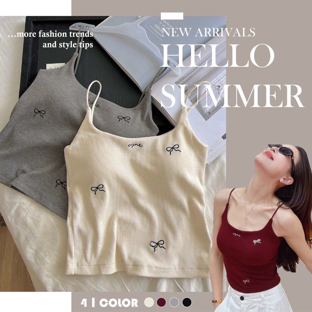 20度上下 微涼氣候推薦款 X現貨X多件優惠X 免穿內衣系列 刺繡蝴蝶結 微磨毛珍珠蛋白螺紋背心-4色