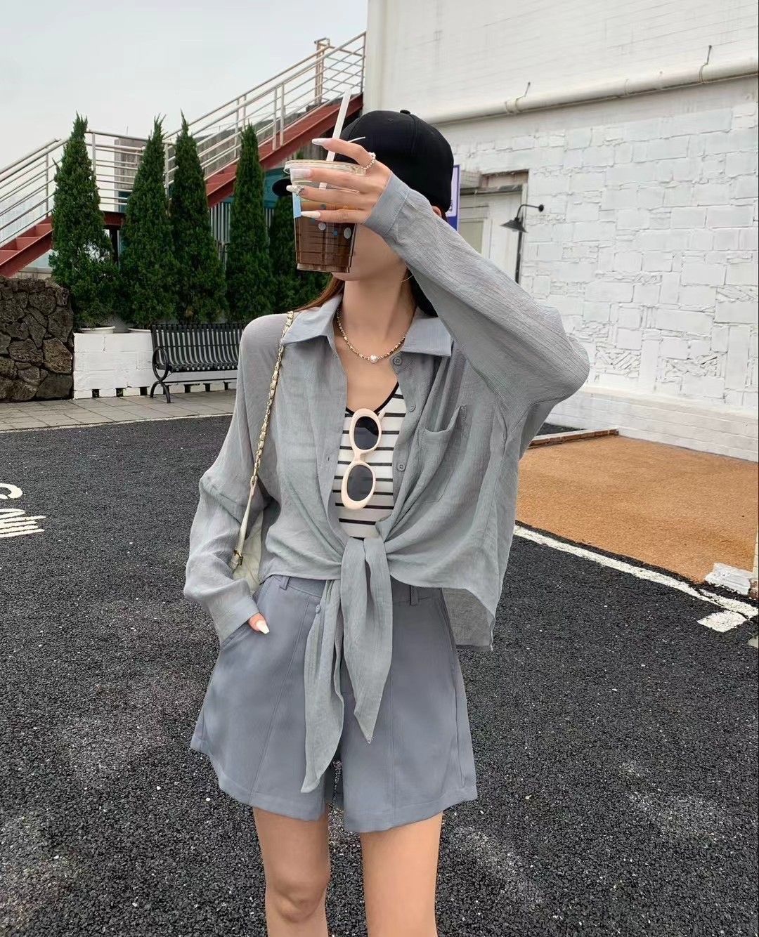 X現貨X一件免運X 日常休閒感 綁帶透膚襯衫短褲套裝-4色