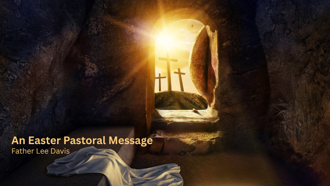 image of empty tomb with bright light and cross in background