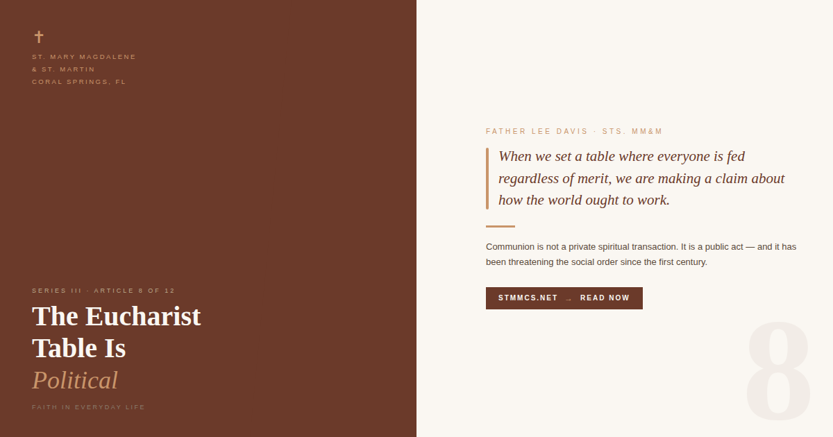 Title slide of Faith in Everyday Life series with Title The Eucharist Table is Political