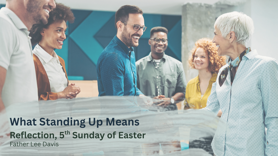 Group of people standing welcoming a woman