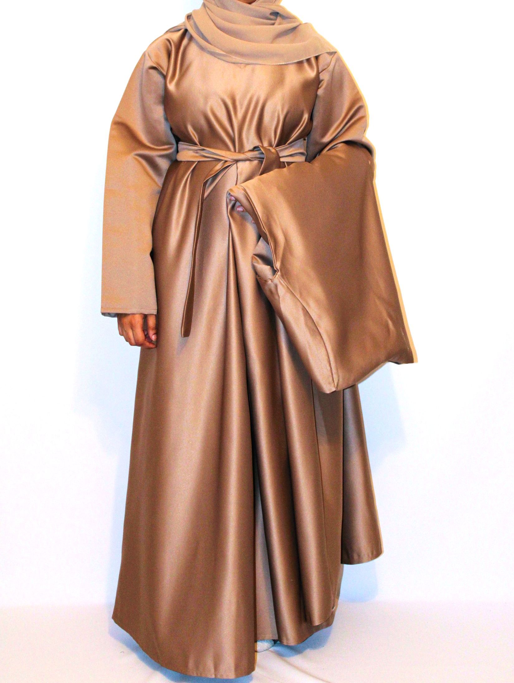 HABIBA - Satin Jacket & Belt Abaya - Gold Beige