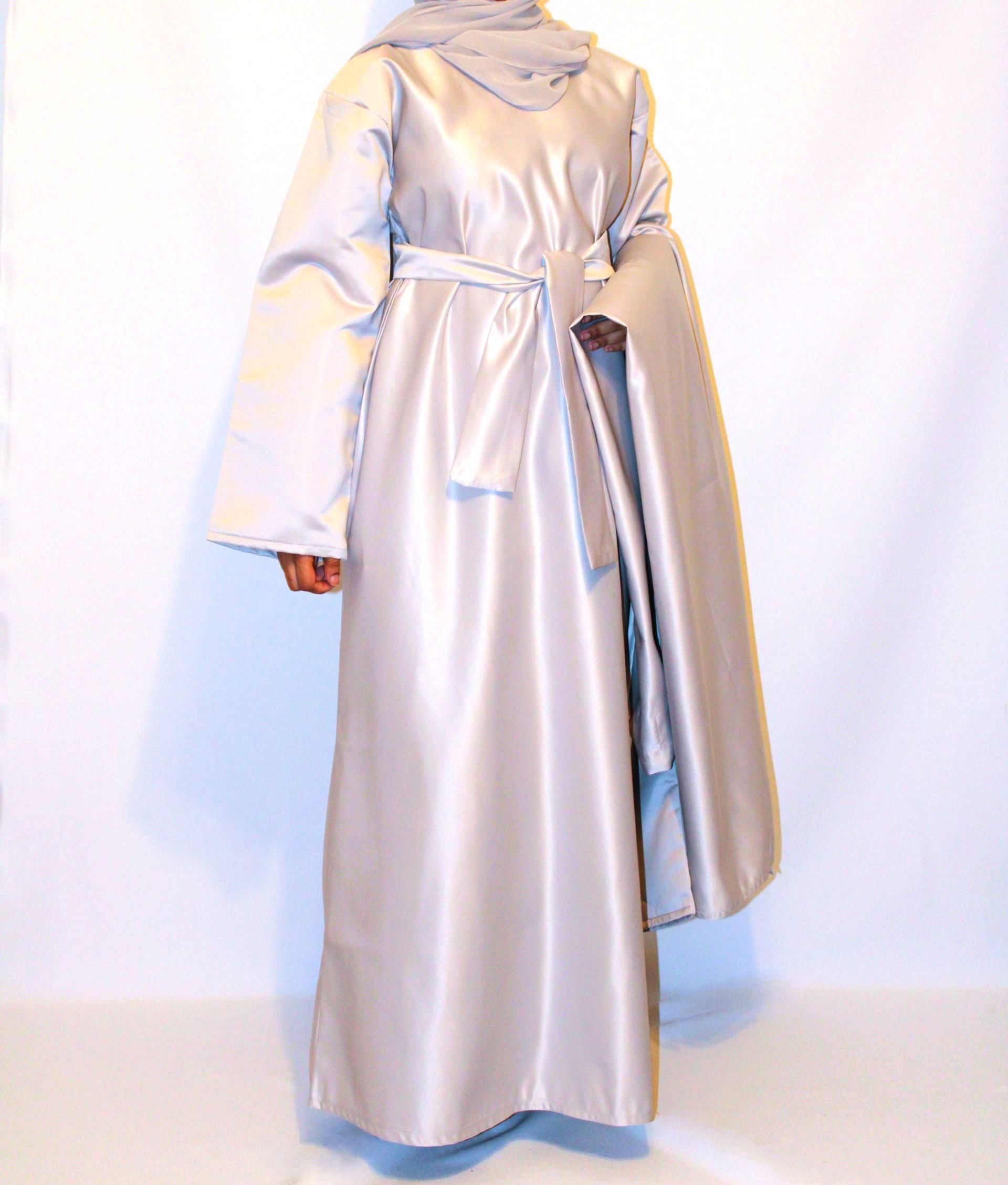 HABIBA - Satin Jacket & Belt Abaya - Light Grey