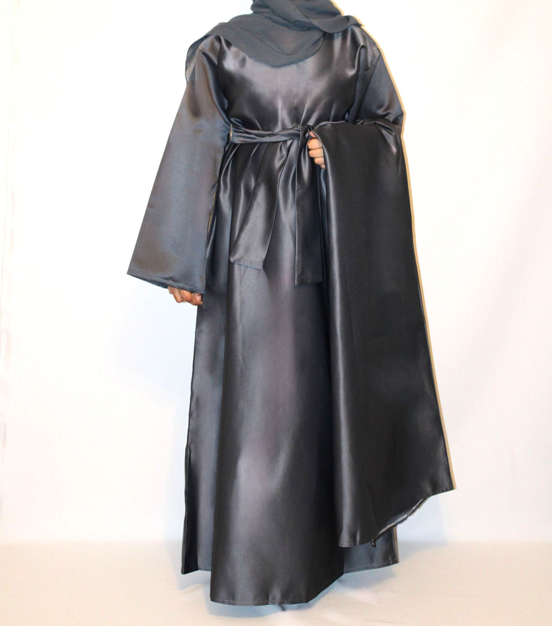 HABIBA - Satin Jacket & Belt Abaya - Dark Grey