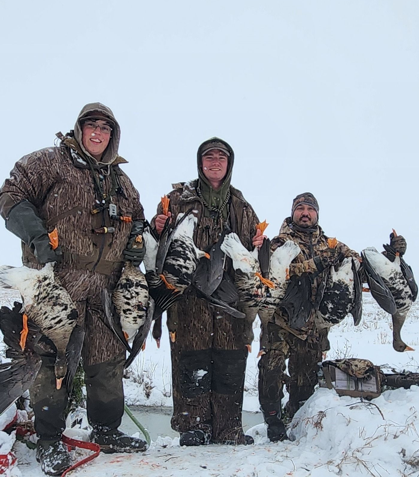 Three hunters in camouflage gear stand in a snowy field holding several harvested snow geese.