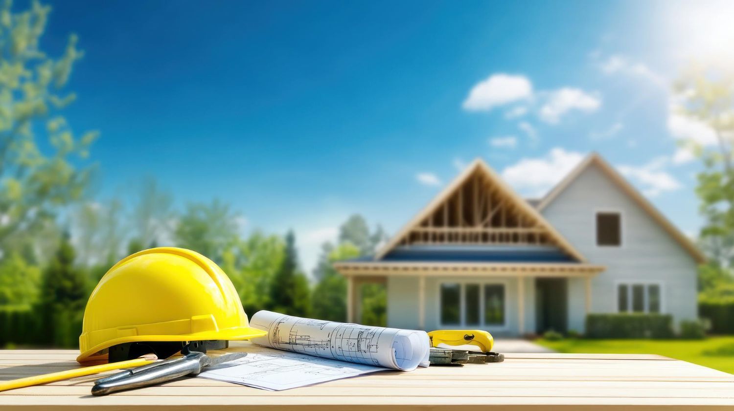 Yellow hardhat, blueprints, and tools on a table in front of a house under construction on a sunny day.