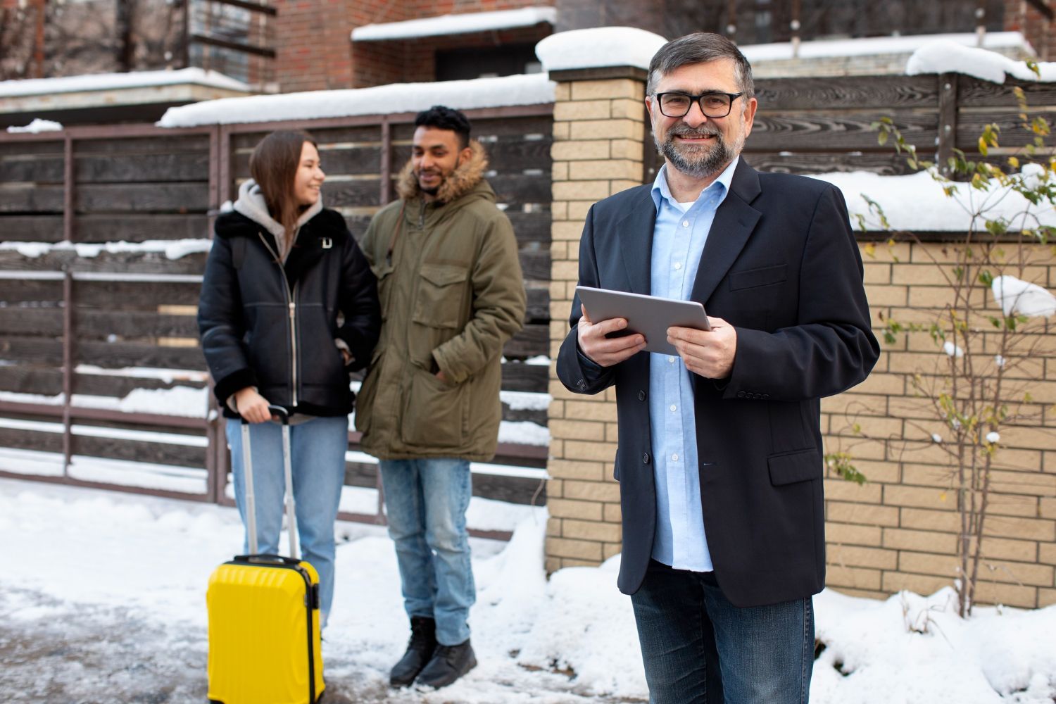 Real estate agent with tablet, smiling at camera with couple near yellow suitcase on snowy path.