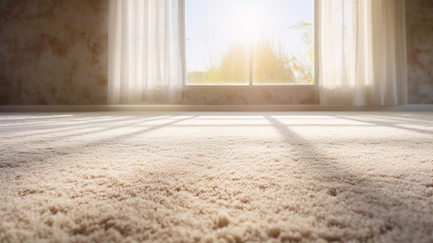 A room with a carpet and a window with the sun shining through it.