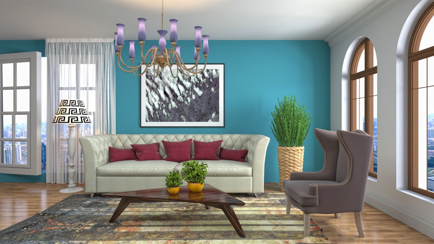 Living room with blue wall, sofa, armchair, windows, and chandelier.
