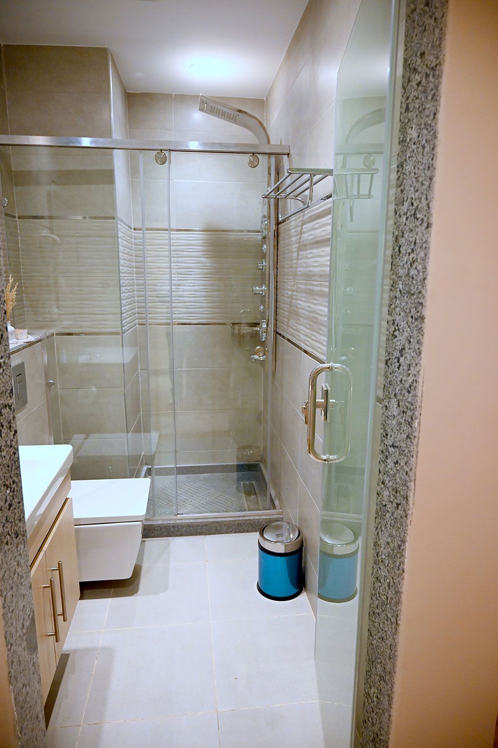 Bathroom with a glass shower, toilet, and blue trash cans.