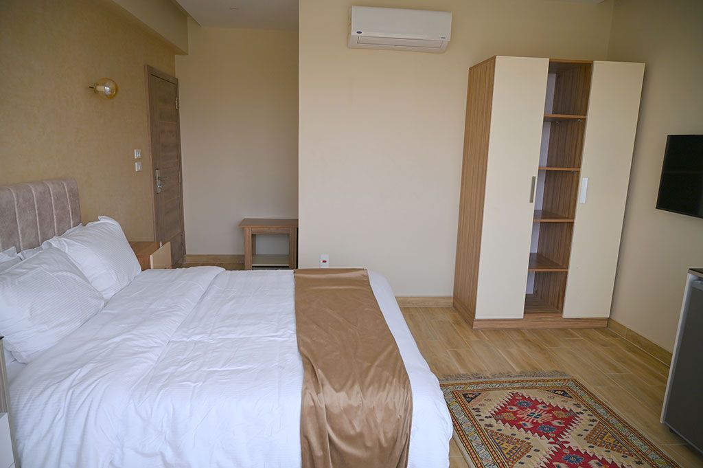 Bedroom with a bed, wardrobe, rug, and TV. Beige walls, wood floor, and an air conditioner.