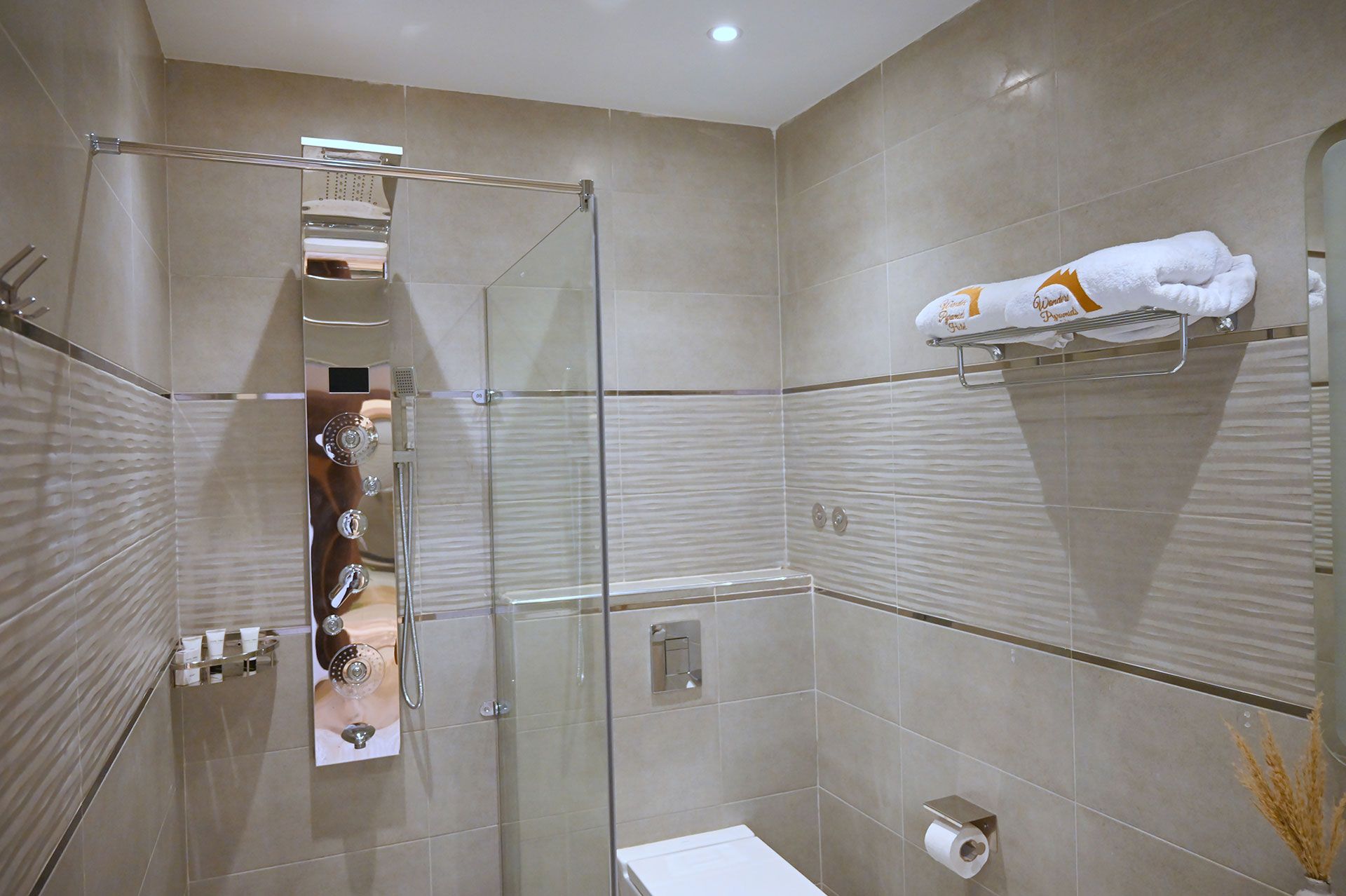 A modern bathroom with glass shower, toilet, and rolled white towels on the wall.