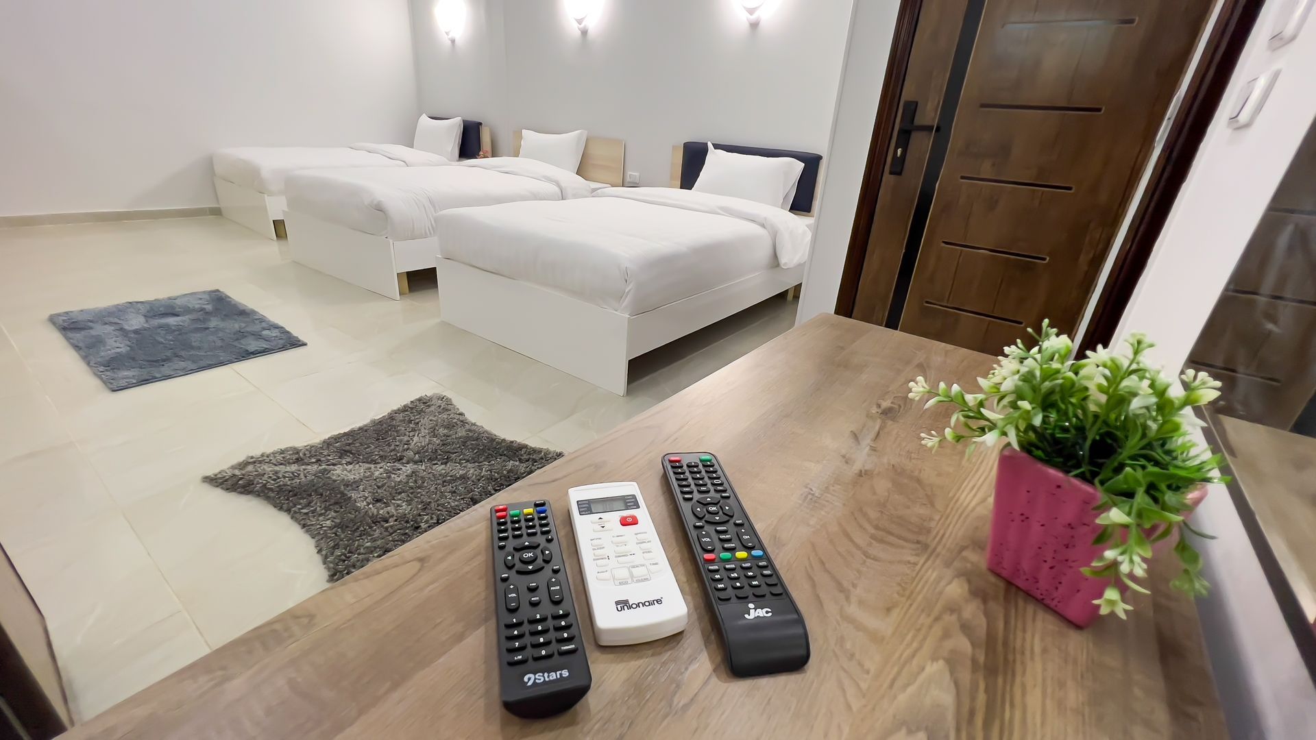 Bedroom with three beds, wooden table with remotes and a plant, rugs on floor.