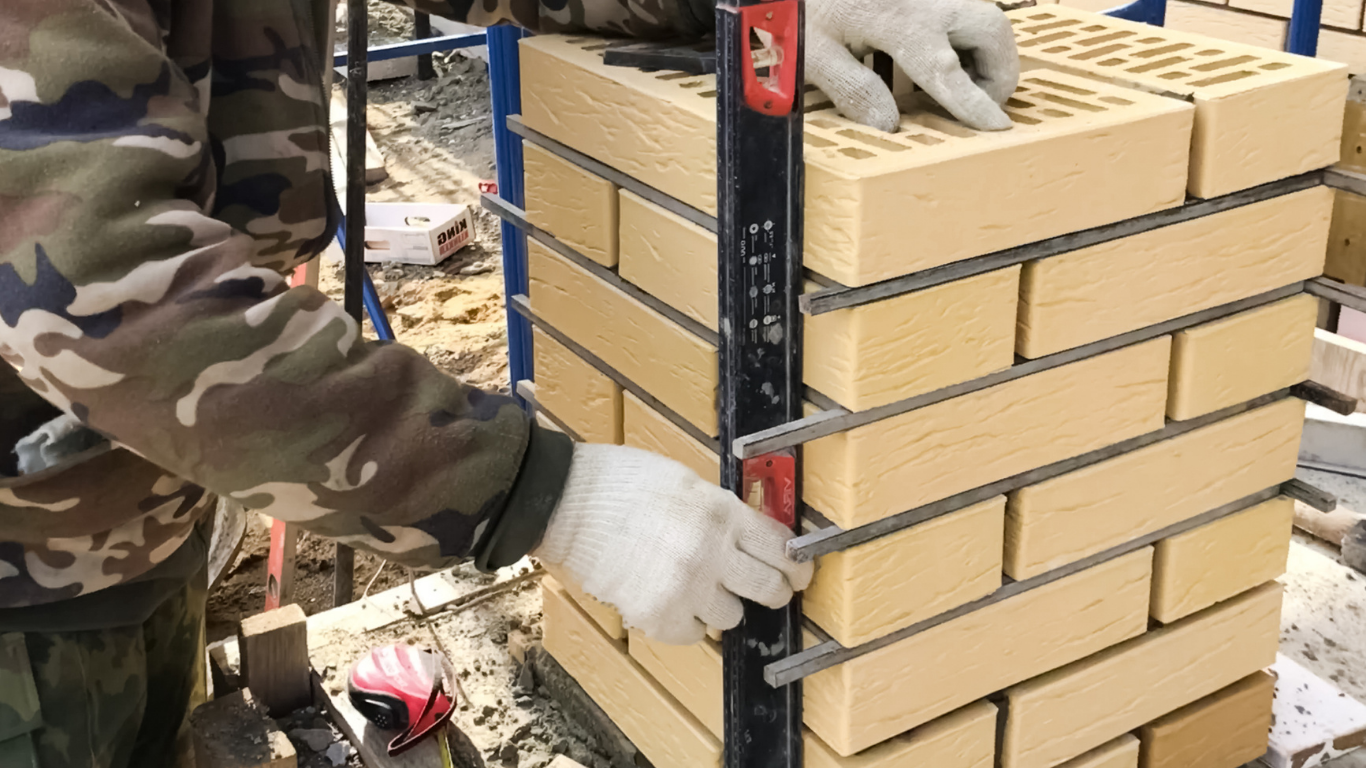 A man is using a level to measure the height of a brick wall.