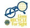 A logo for lions recycle for sight with a pair of glasses and a magnifying glass.