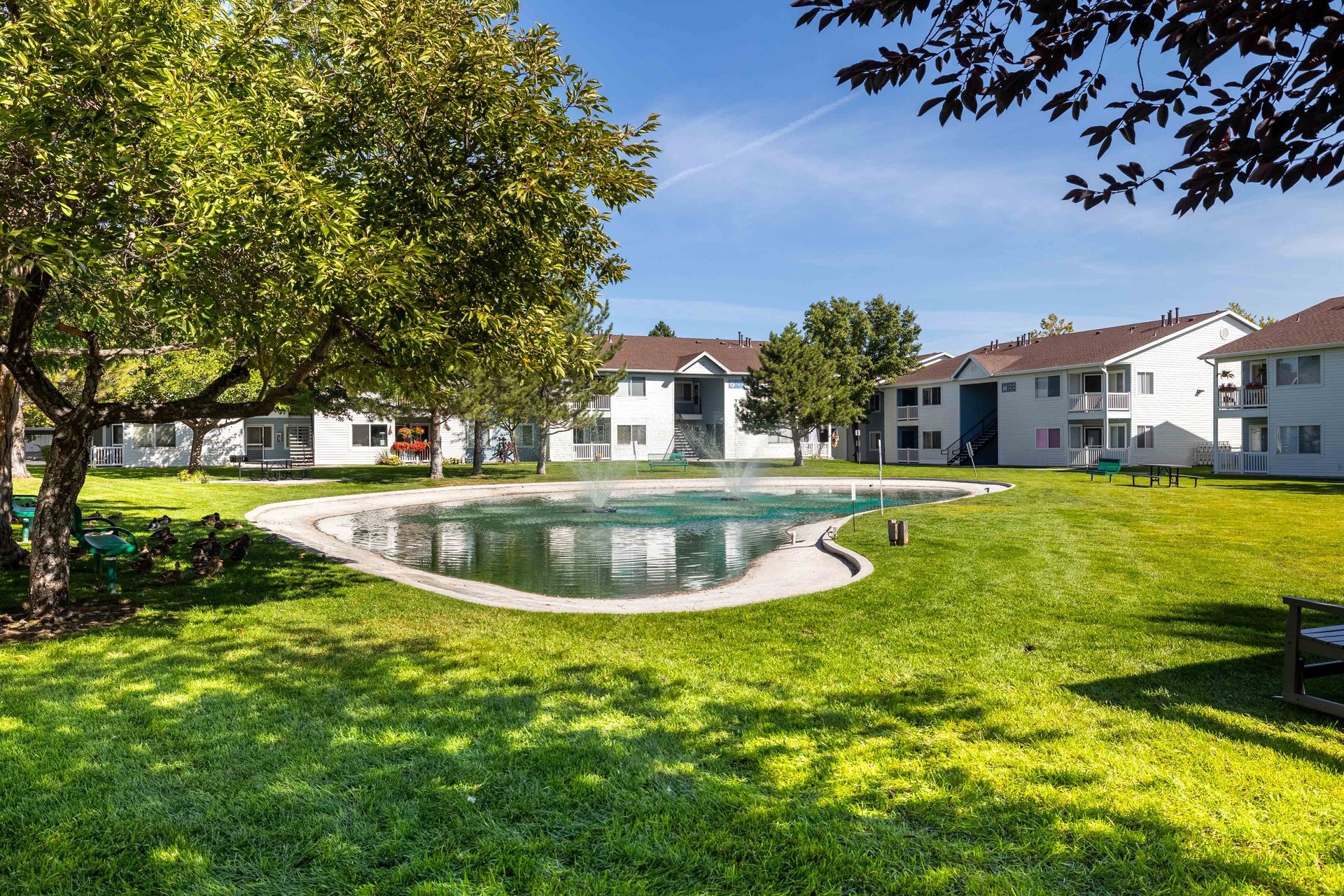 Apartment complex exterior with a pool, green lawn, and trees under a clear sky.