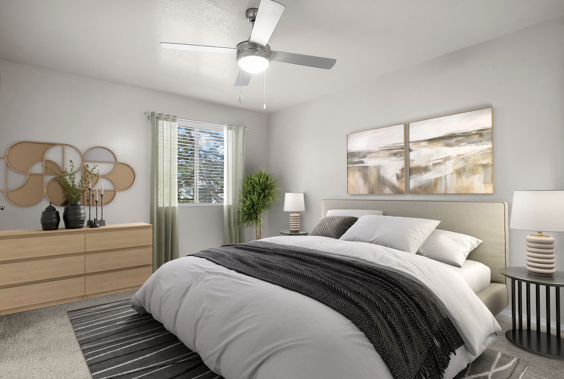 Bedroom with a bed, dresser, art, window, and ceiling fan. Gray, white, and tan color scheme.