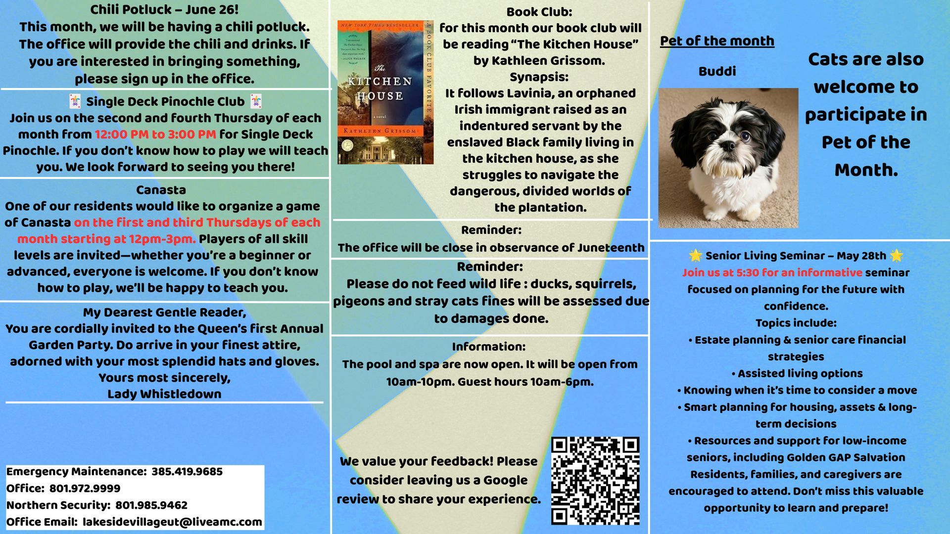 An apartment community flyer with event details, pet policies, contact information, a puppy photo, and a QR code.