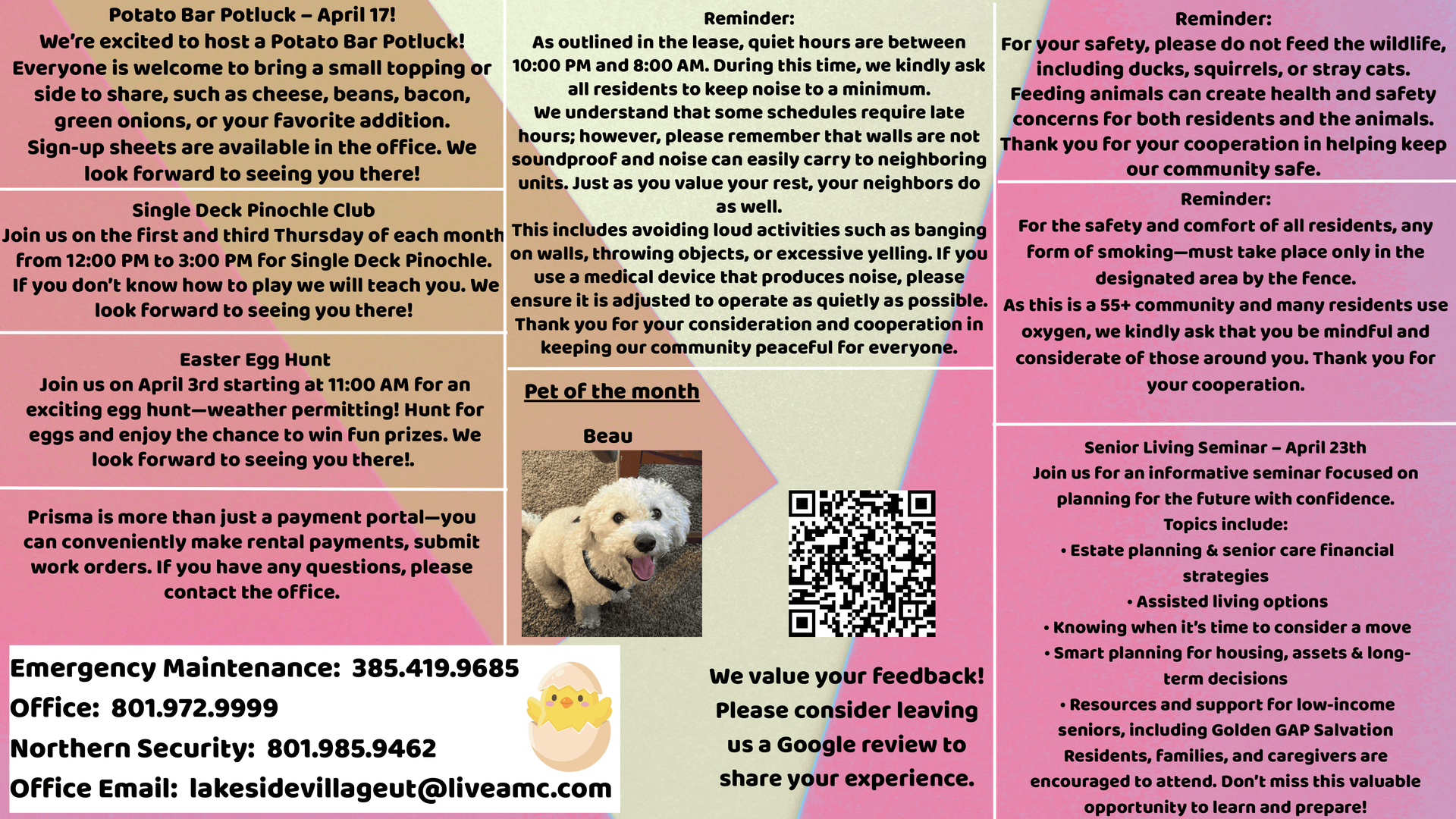 An apartment community flyer with event details, pet policies, contact information, a puppy photo, and a QR code.