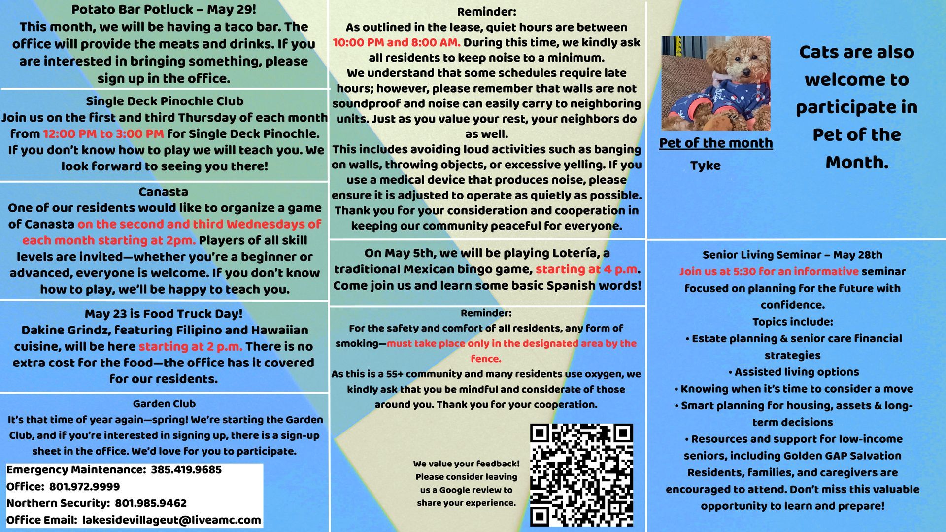 An apartment community flyer with event details, pet policies, contact information, a puppy photo, and a QR code.