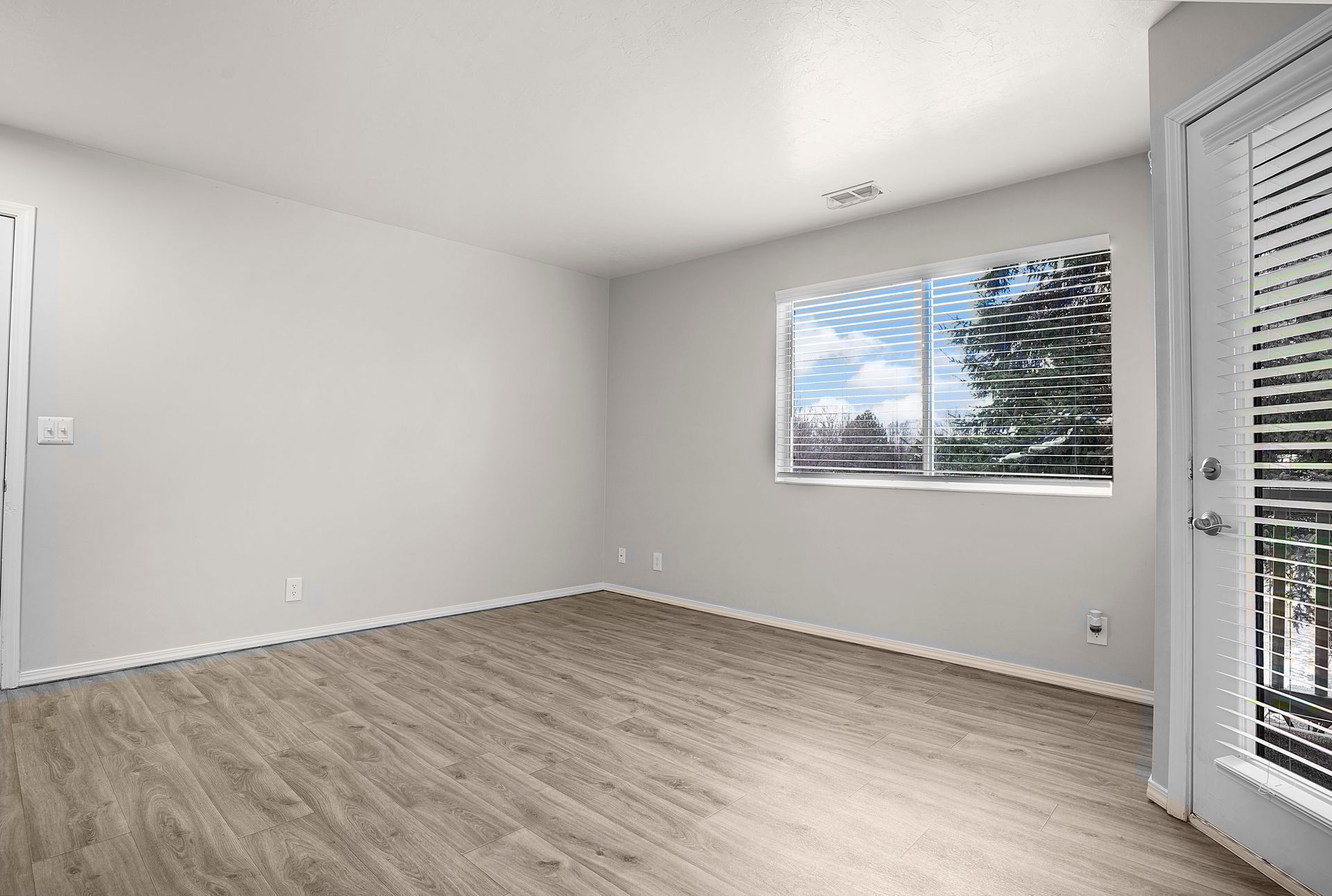 Empty room with light gray walls, wood-look floor, window, and balcony door.