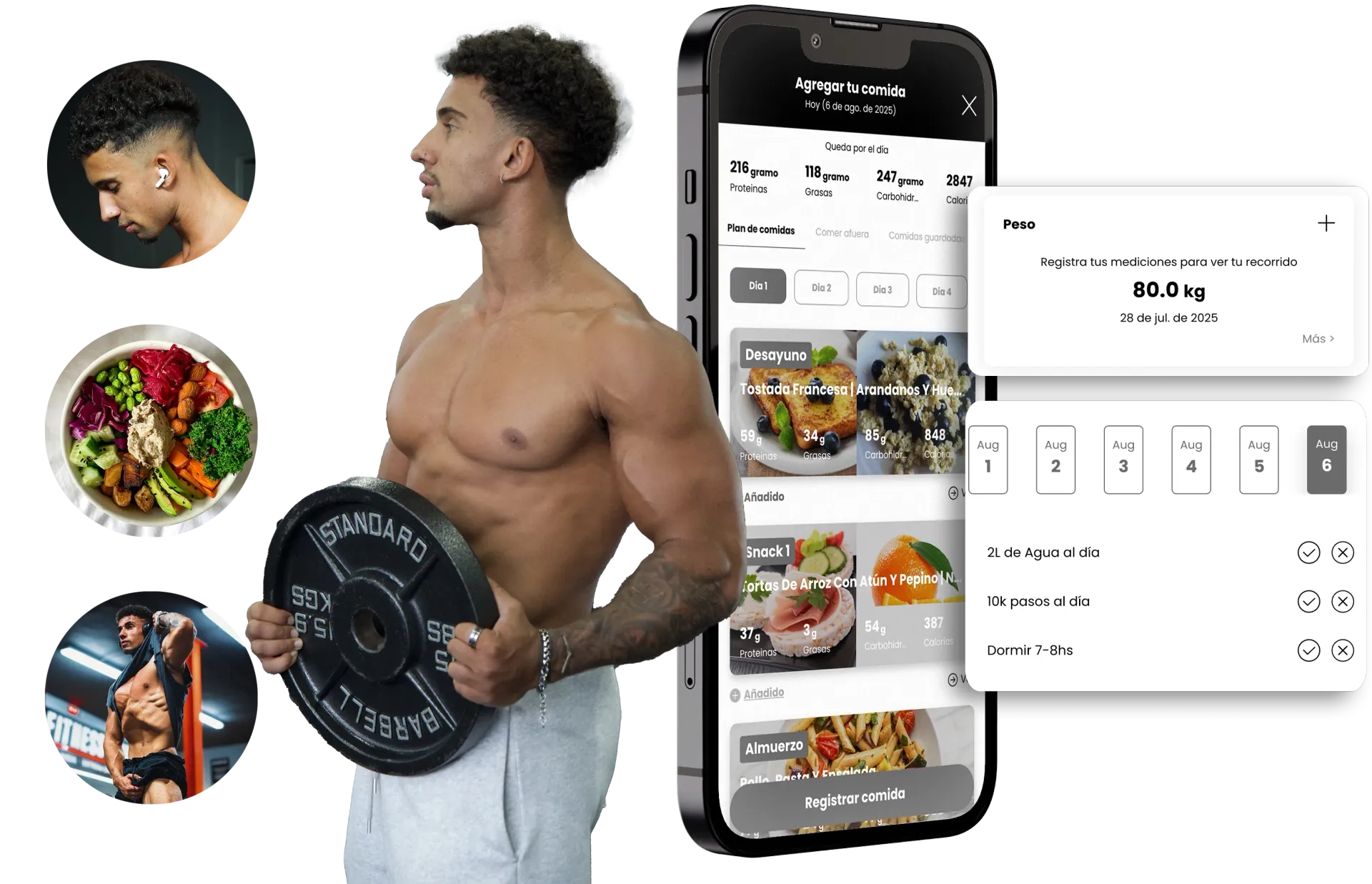 Muscular man holding weight, with a phone showing a fitness app and food images. JUNIOR WORKOUT
